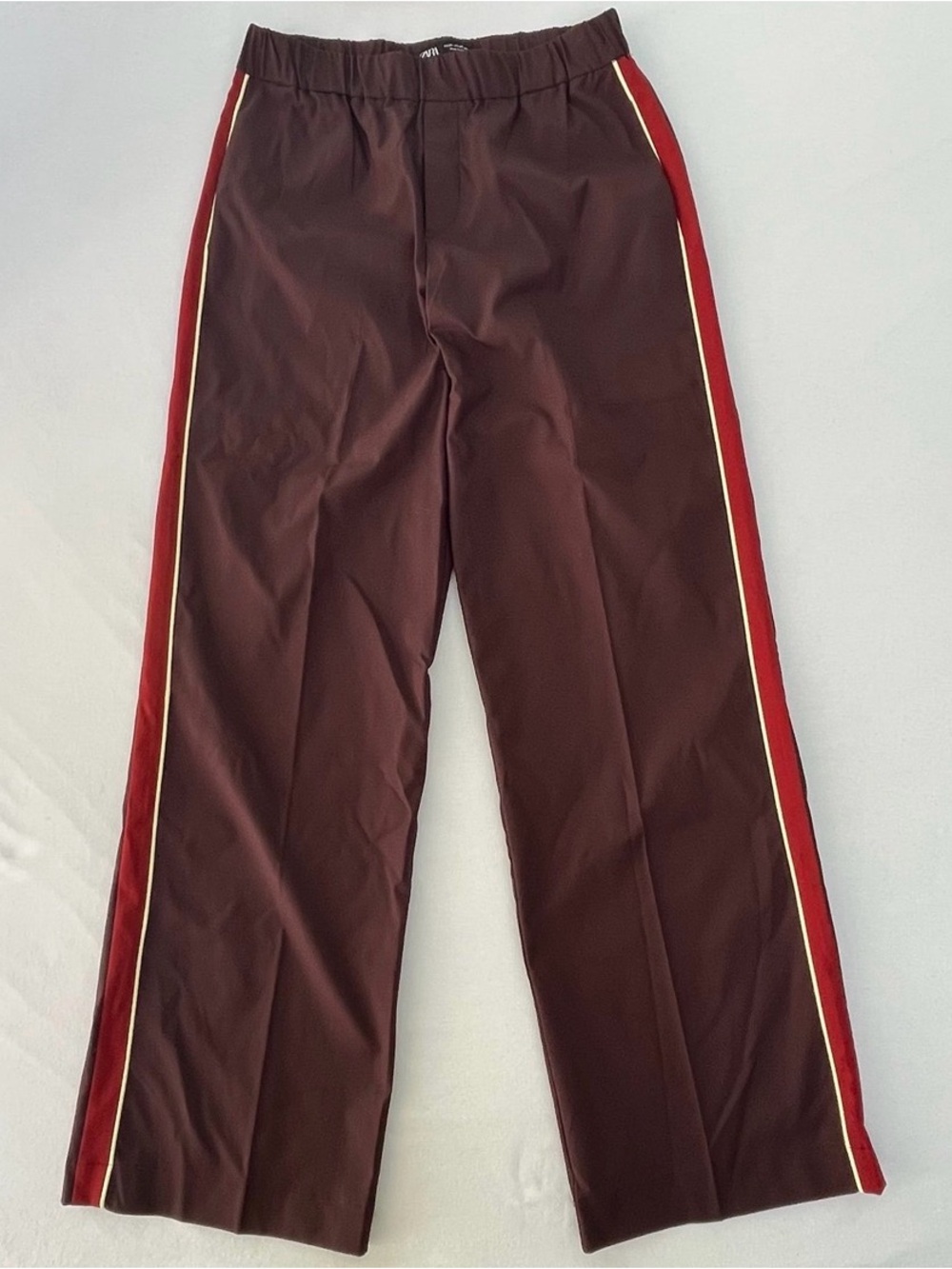 Zara Women’s Brown Wide-Leg Polyester Side Stripes Elastic Waist Track Pants XS